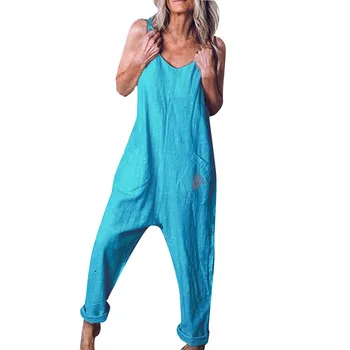 

Women's Jumpsuit Summer Casual Spaghetti Strap Women Casual Plus Size Linen Sleeveless Soild Loose Sling Vest Playsuit 19JUL31