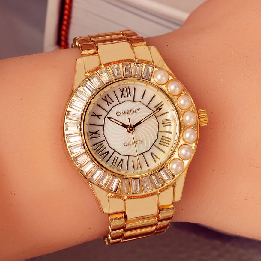 

Hot Women Pearl Watches Fashion Ladies Diamond Luxury Brand Rhinestoone Quartz Gold Wrist Watch Gifts For Women relogio feminino