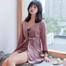 Женское однотонное Золотое бархатное платье-комбинация, Пижамный костюм из двух частей, осенне-зимняя Сексуальная кружевная Пижама, утолщенная ночная рубашка