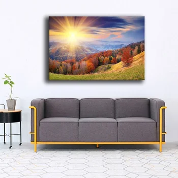 

Canvas Printed Poster Wall Art Frame 1 Piece Sunrise Autumn Forest Mountains Nature Painting For Living Room Pictures Home Decor