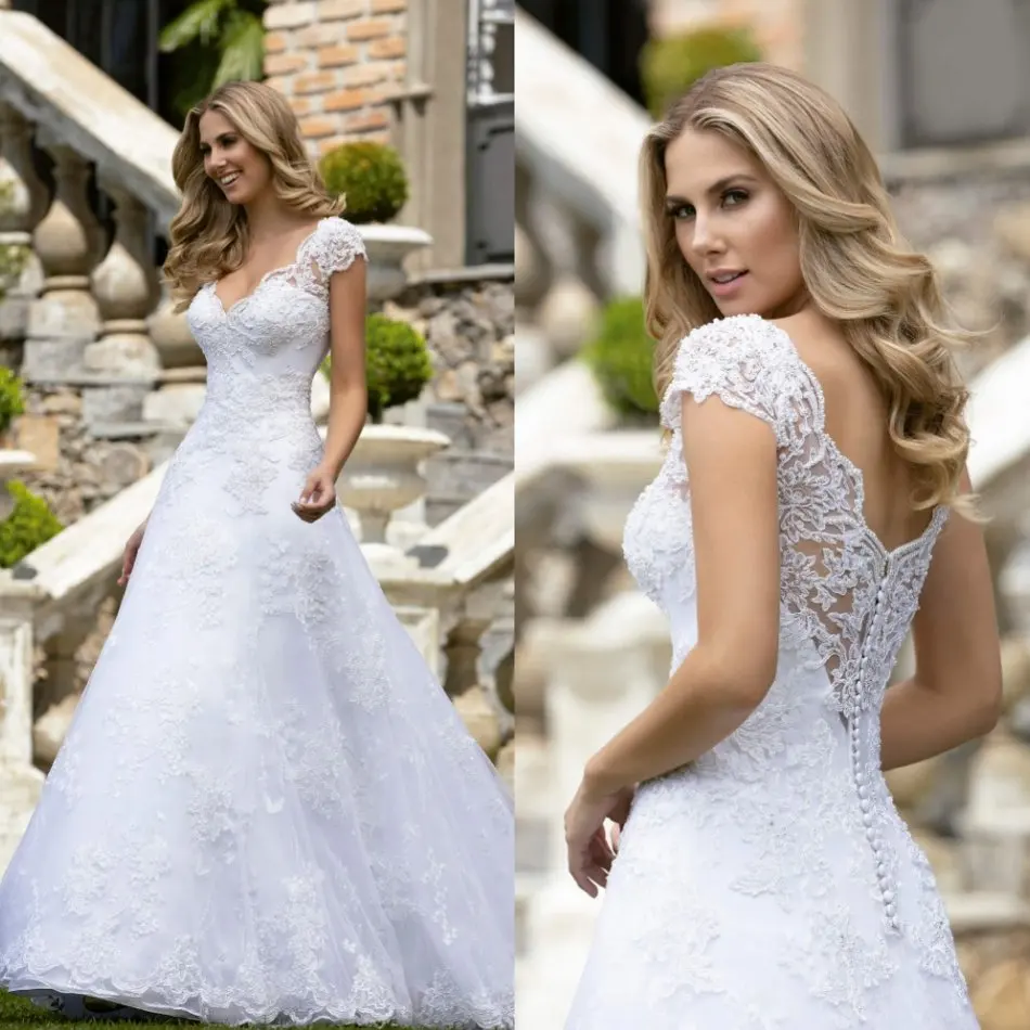 

2020 Wedding Dresses V-Neck Short Sleeve Lace Appliques Bridal Gowns Custom Made Backless Sweep Train A-Line Wedding Dress