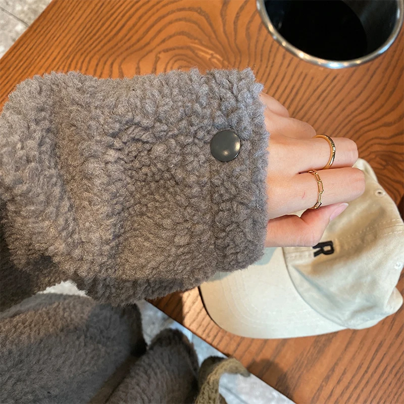 Куртка из овечьей кожи с капюшоном, модная Двусторонняя одежда, желто-серый стиль, женская зимняя плюшевая шерстяная теплая куртка на молнии