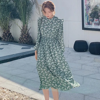 

Elegant Ruffle Stand Collar Women Dress Long Sleeve Female Elastic Waist Chiffon Dress 2019 Autumn Midi Vestidos Femme