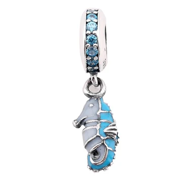 

Authentic 925 Sterling Silver Bead Charm Blue Enamel Tropical Seahorse Pendant Beads Fit Pandora Bracelet DIY Jewelry