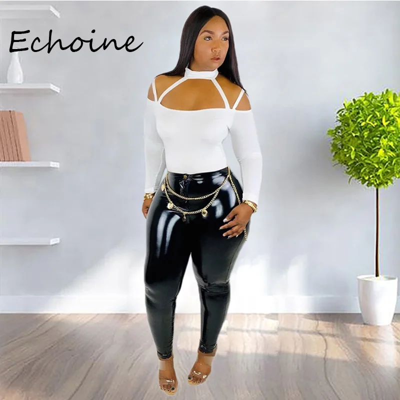 

Casual Women Two Pieces Set Crop Top +Long Pants PU Pants Two Piece Set Women Sets For Women Solid Color
