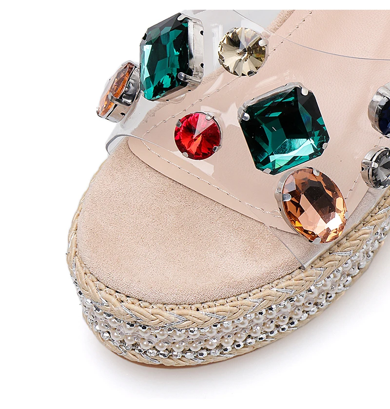 Цвет стразы Тапочки Для женщин каблуки; Espadrilles; женские летние туфли на платформе Дамская мода шлепанцы без задника с открытыми пальцами на высоком каблуке, под платье сандалии