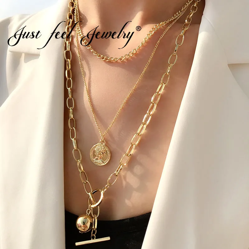 JUST FEEL Multi Layer Link Chain Choker Necklace Women Vintage Gold Color Round Coin Pendant Necklaces Statement Jewelry Gifts