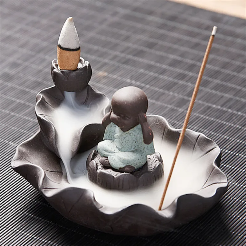 Ceramic Little Monk Lotus Backflow Incense Burner Home Decor Waterfall Aromatherapy Censer Incense Stick Holder+ 10pcs Cones