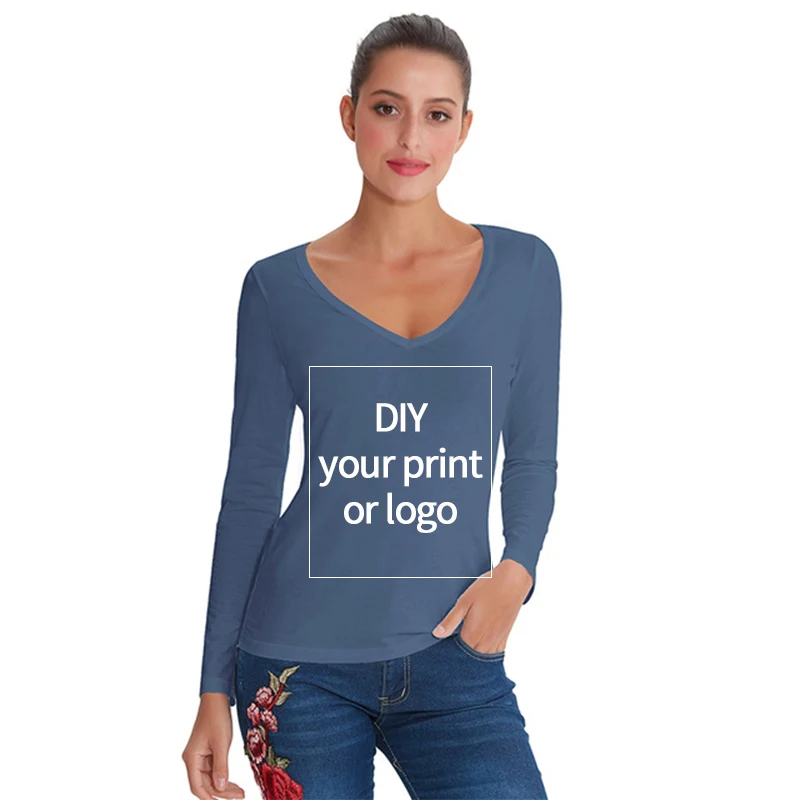 long sleeve V-neck Заказная хлопковая Футболка спандекс с коротким рукавом белые футболки топы с принтом собственного логотипа для униформы или пары - Цвет: long sleeve V-neck