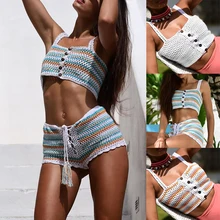 Sfit разноцветный вязаный кроп-топ и шорты, Летний Пляжный Женский комплект из 1 предмета, крутой купальник-Бикини на шнуровке в римском стиле для девочек, пляжная одежда