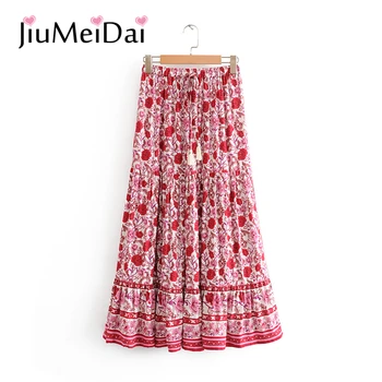 

JiuMeiDai High Elasticity Belt Waist Women Long Skirt Female Vintage Print Spring Skirts Party Beach Good Quality Clothing