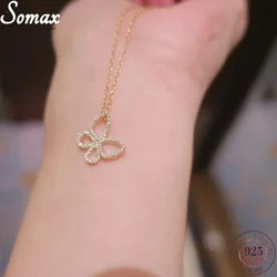 925 Sterling Silver 14K Gold-plated Necklace Female Wild Cold Wind Hollow Full Diamond Butterfly Pendant Clavicle Chain Jewelry