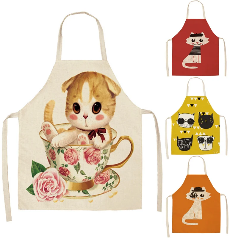 

Cute Cat Apron Kitchen Apron for Woman Cartoon Cat Printed Sleeveless Cotton Linen Aprons For Cooking Home Cleaning Tools