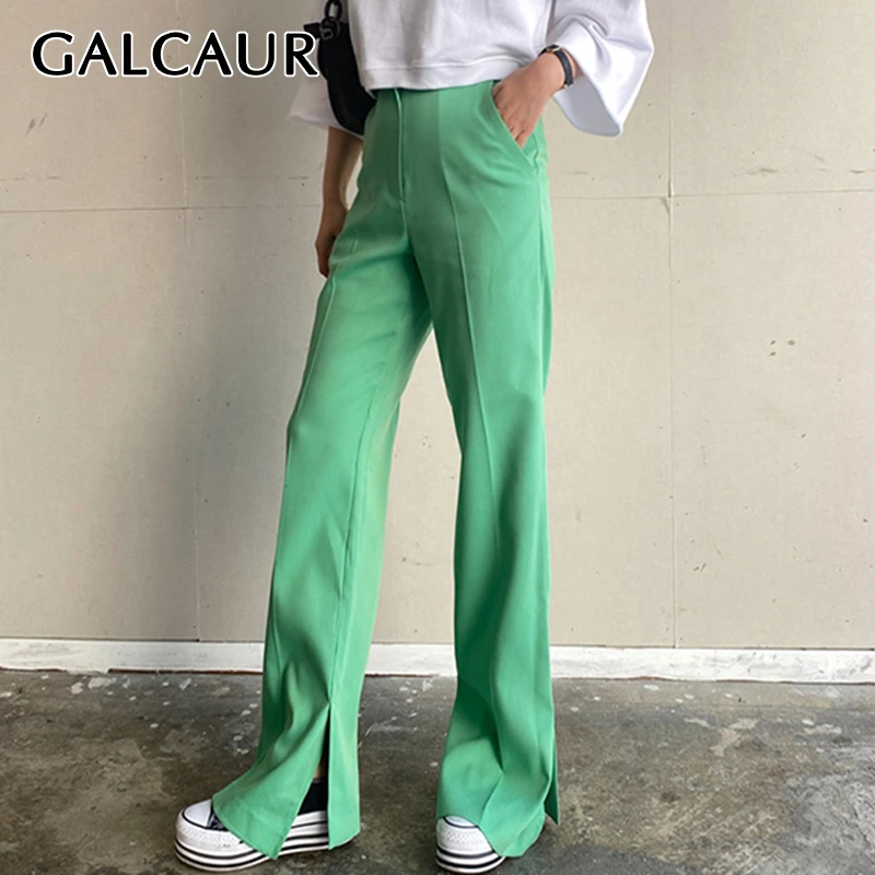 GALCAUR Korean Elegant Pant For Woman High Waist Pocket Side Split Large Size Straight Long Casual Trouser Female Fashion 2020
