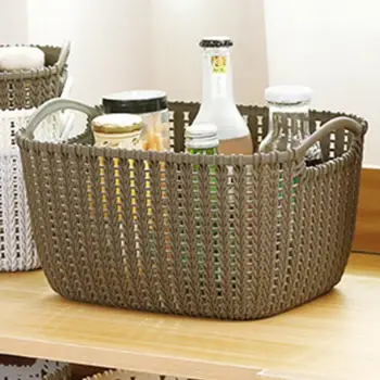 

Imitation Rattan Bath Basket Plastic Storage Basket Rectangular Organizer for Bathroom Kitchen #4O
