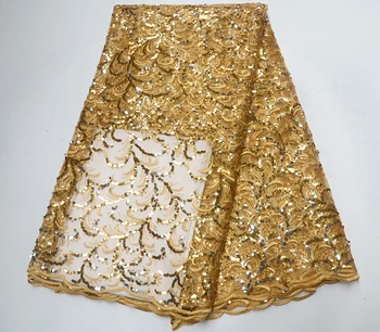 

African lace fabric,embroidered flower net lace,high quality Nigerian lace fabric Gold with Sequin for wedding dress