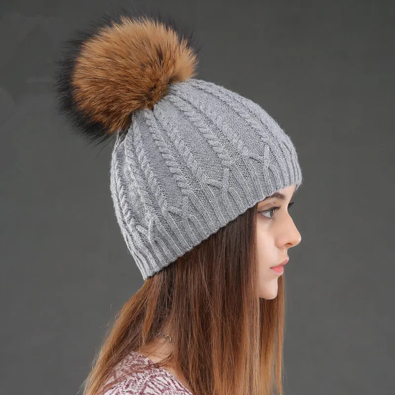 Зимняя шапка женская теплая шерстяная вязаная шапочка осенний помпон из меха енота головной убор для катания на лыжах зимний аксессуар для подростков