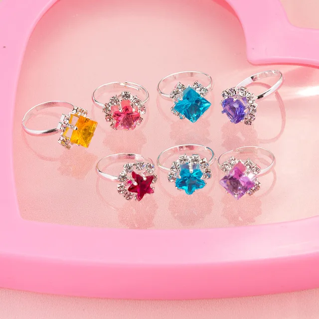 36Pcs/Box Cute Princess Girl Baby Toy Gem Ring Children's Day Gift Kids Rings Adjustable Alloy Pink 3