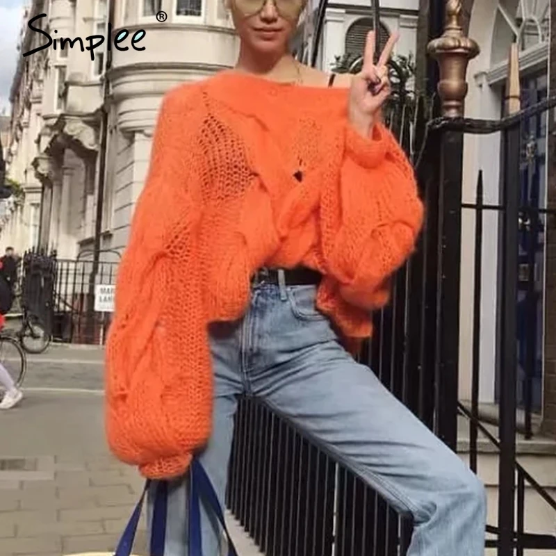 Simplee женскoe пуловер выдалбливают мохер фонарь рукав женский оранжевый свитер негабаритнoe джемпер осень зима - Цвет: Оранжевый