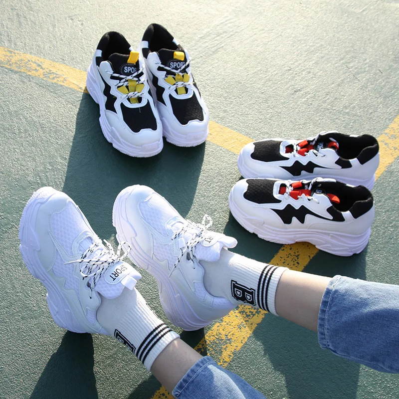 

2019 new women's sneakers thick sole ladies platform shoes white yellow and black Casual shoes zapatos mujer E18-03