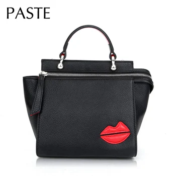 

Cartoon Red Lips Design Trapeze Bag Cute Ladies Handbag Cowhide Leather Women's Shoulder Bag Chic All-match Totes