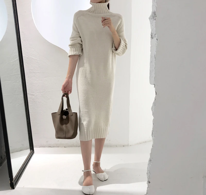 Rarove Elegant Turtleneck Knitted Dress Women Autumn Loose Female Swea