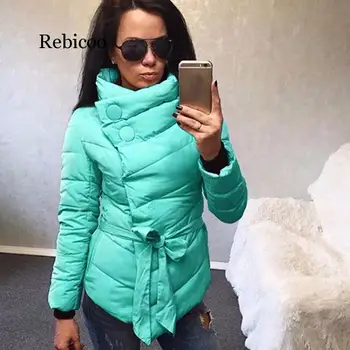 

Women Fashion Irregular Warm Parkas 2019 Autumn Winter Female High Neck Button Belt Coat Ladies Streetwear Overcoat