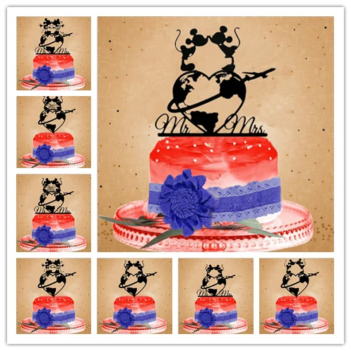 

New Design World Map Wedding Cake Topper, Mickey Minnie Honeymoon Cake Topper for Wedding/Anniversary Party Decor
