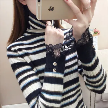 

2019 Autumn and winter high collar lace patchwork high collared striped pullover women sweater
