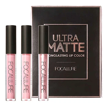 

FOCALURE New 3Pcs Long-lasting Lip Colors Makeup Waterproof Tint Lip Gloss Red Velvet Ultra Nude Matte Lipstick Colourful