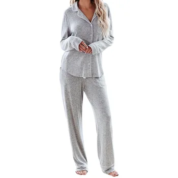 

Ladies Long Sleeve Tee + Trouser Pajamas Set Fit And Comfortable Autumn And Winter Pure Color Pajamas Set