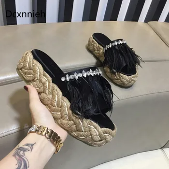 

Dcxnnieh New Thick bottom Women slippers black Pink silk rhinestone Fur slippers Female Straw bottom Summer Platform Shoes Woman
