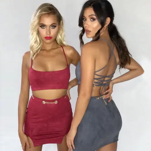 2Pcs Women Clubwear Sleeveless Lace-up Backless Tank Crop Tops Suede Leather Empire Bodycon Split Chain Mini Pencil Skirt Dress | Женская