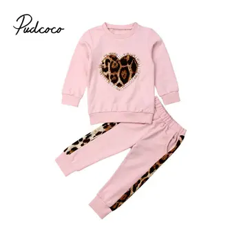 

pudcoco 2019 Children Clothing Suits For Girls Clothes Kids Toddler Enfant Fille Infantis Outfits Leopard Love Sweatshirt+Pants
