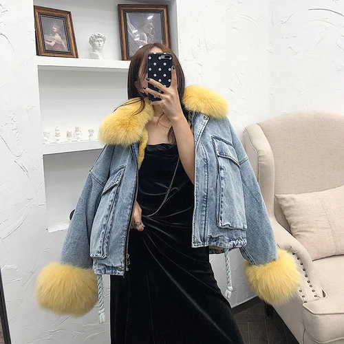 blue yellow Женская зимняя джинсовая куртка OFTBUY, с натуральным мехом лисы на воротнике и манжетах и съемной подкладкой из кроличьего меха, теплая свободная парка, уличная одежда - Цвет: blue yellow