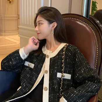 

2019 Early Autumn Winter New Loose Plaid Long-Sleeve Coat Tweed Small Fragrance Short Retro Coat Female Jackets With Pockets IE