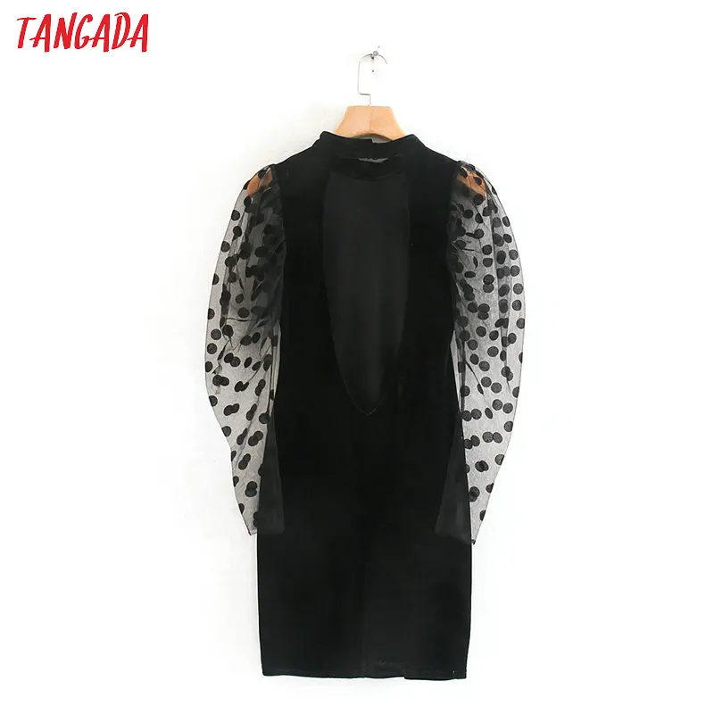 Tangada Fashion Women velvet party Dress backless dots mesh puff Long Sleeve Vintage Brand Vestidos 2XN163