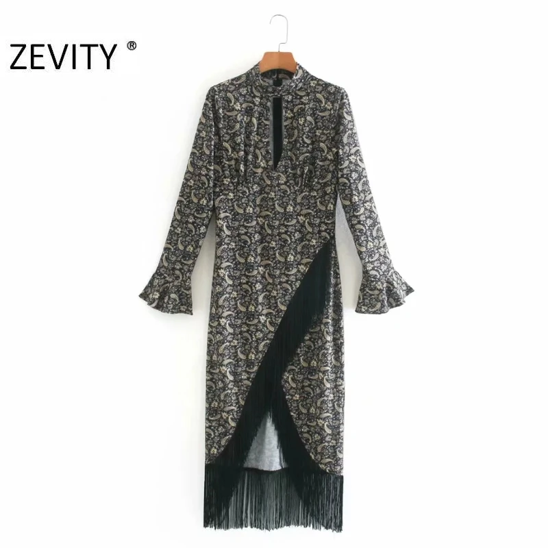 Zevity осеннее Новое Женское винтажное Асимметричное Платье с принтом орехов кешью
