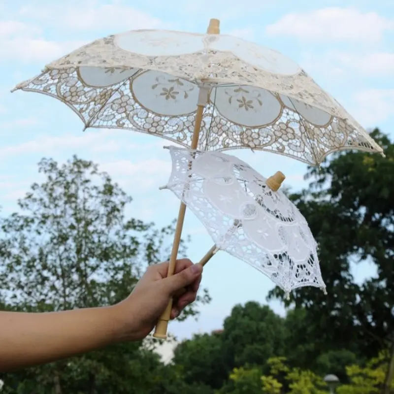 White Beige Lace Parasol Umbrella Wedding Elegant Cotton Embroidery Umbrella