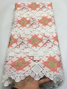 

White and peach African Cord Lace Fabric Milk Silk Water Soluble Dress Lace Stones High Quality Nigerian Guipure Lace Fabric B-8