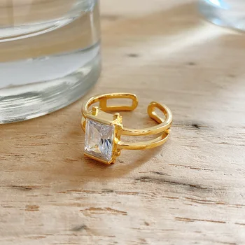 

18K GOLD 1PC Authentic S925 Sterling Silver Jewelry Two Rows Square Rectangle Zircon CZ rings Adjust Foe Engagement TLJ1330