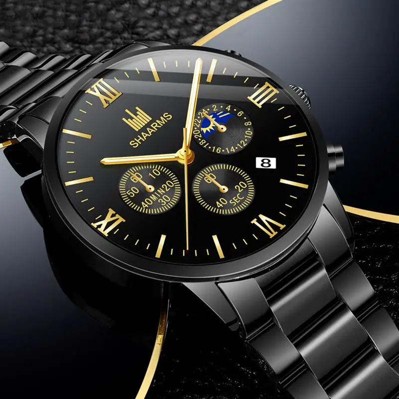 

SHAARMS Men Black Watch Stainless Steel Band Roman Number Quartz Watches Military Sport Date Wristwatch Watch Moon Clock