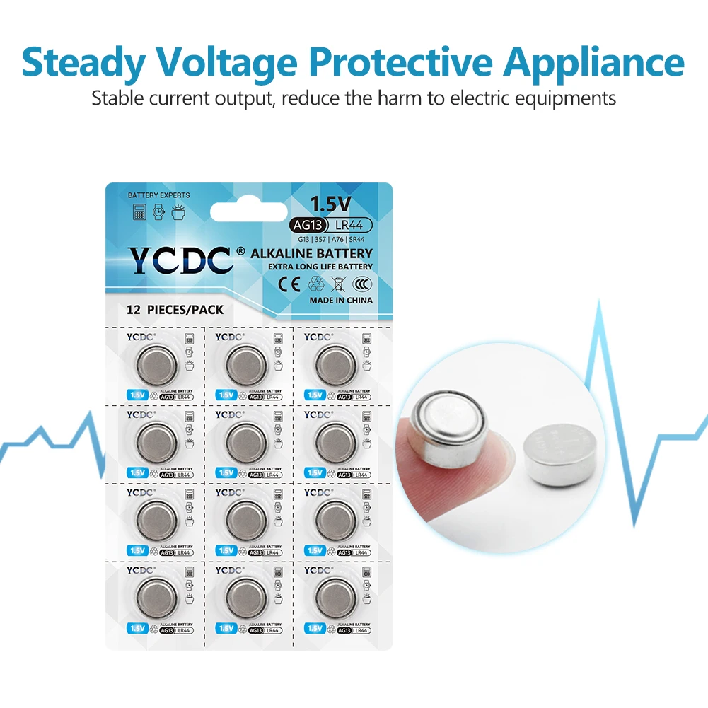 YCDC-Pila de moneda AG13 LR44 357 357A S76E G13, botón alcalino, AG 13, 1,5 V, para control remoto electrónico de reloj, 12 unidades
