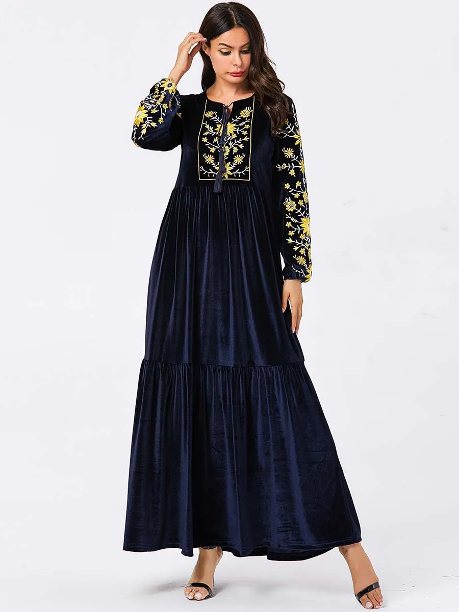 Осень; женщины; бархат Абая, для мусульман Макси-Платье рубашка одежда из Дубая с длинным рукавом Кафтан Исламская турецкие платья больших Размеры платье хиджаб