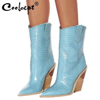 

Coolcept Size 33-46 Women High Heels Ankle Boots Fall Winter Stone Pattern Fashion Warm Add Fur European Style Designer Shoes