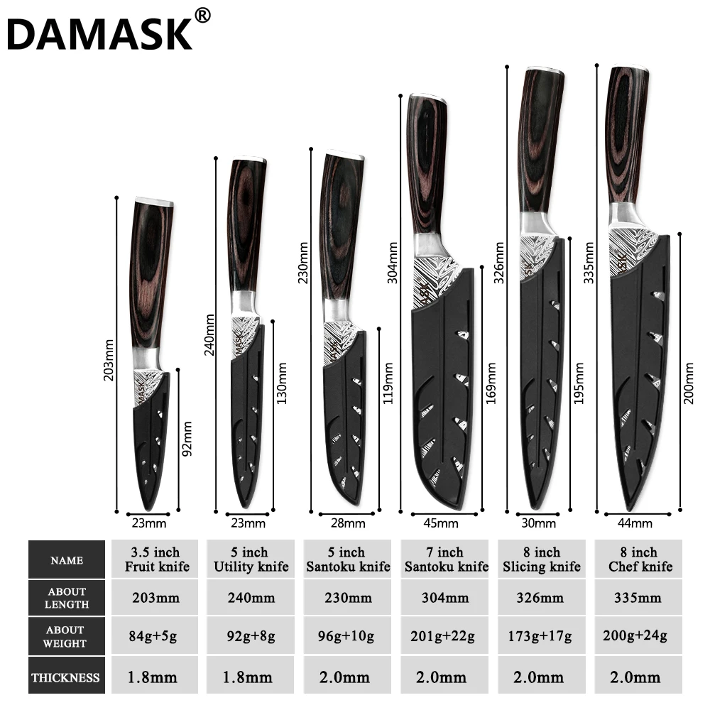 Damask Kitchen Knives Set 7Cr17 Mov Stainless Steel Kitchen Knife High-End Fish Bone Pattern Blade with Free Gift Knife Cover