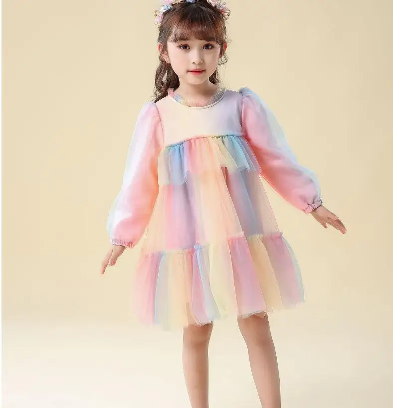 Новые детские весенние сетчатые платья с длинными рукавами радужной расцветки Милая одежда принцессы для девочек 5 шт./партия