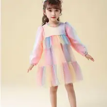 Новые детские весенние сетчатые платья с длинными рукавами радужной расцветки Милая одежда принцессы для девочек 5 шт./партия