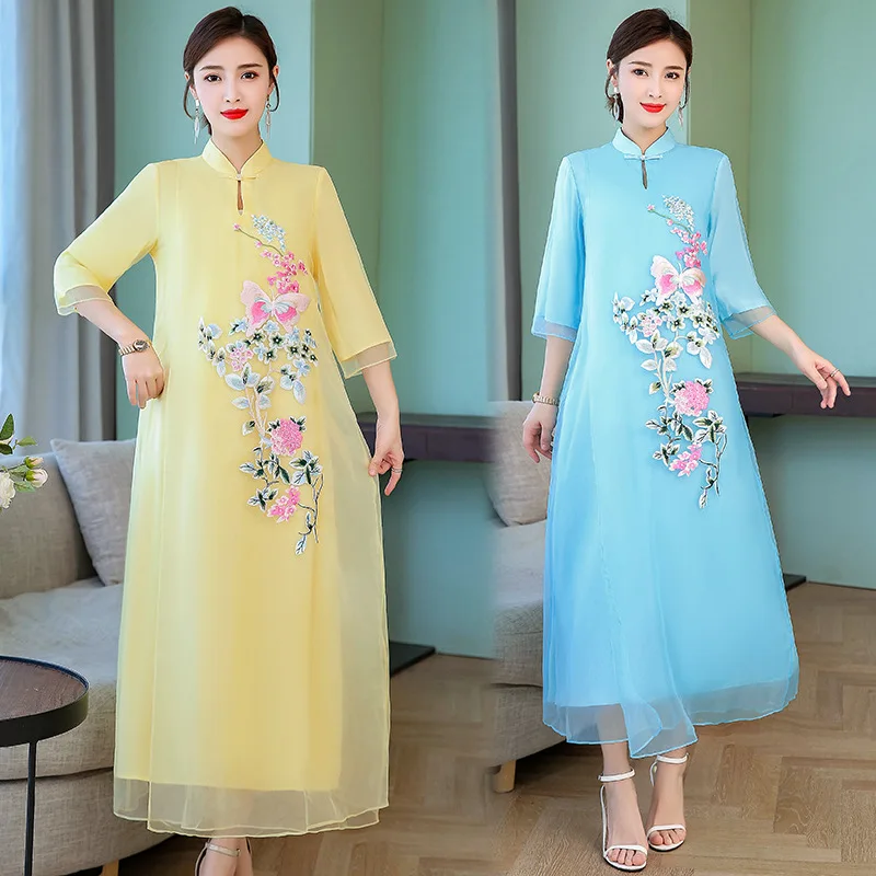 

Embroidered Improved Cheongsam Dress 2019 Spring And Summer New Style Chinese Style WOMEN'S Dress Zen Chinese Clothing Ethnic-St
