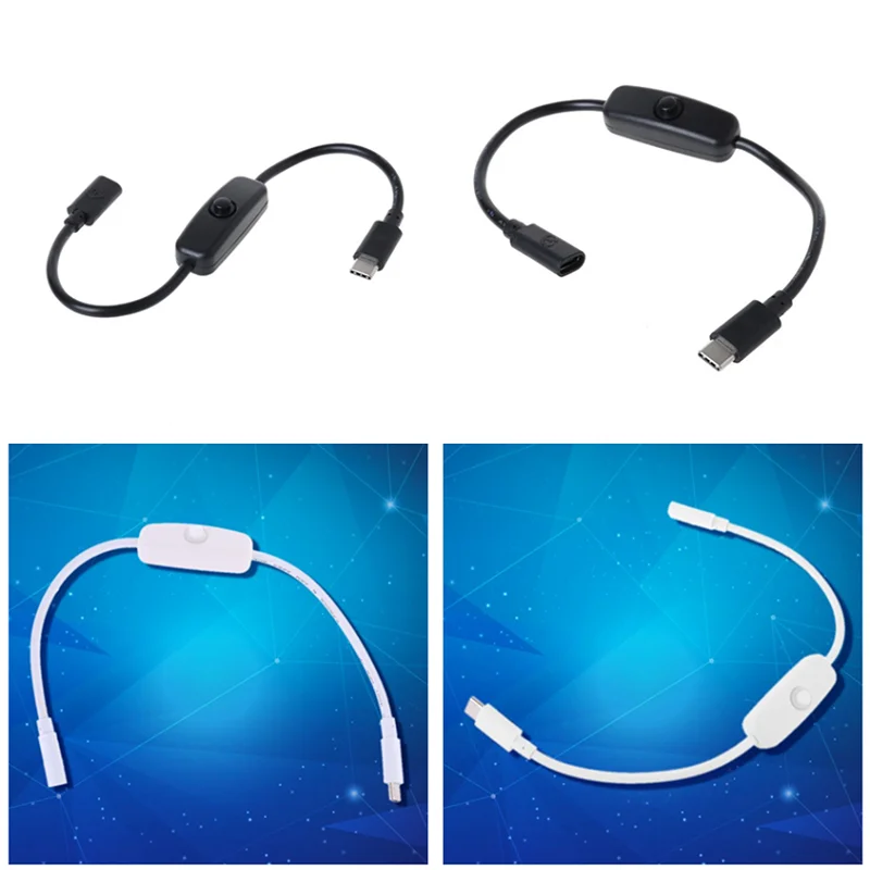 Tipo c fonte de alimentação USB-C macho para cabo de extensão fêmea no interruptor desligado para raspberry pi 4 an-droid telefone móvel 27cm